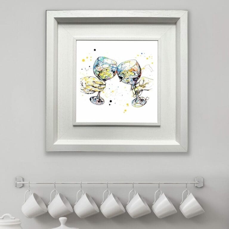 Good Times Gin Glasses Cheers print shown in Deluxe White Frame in Situ