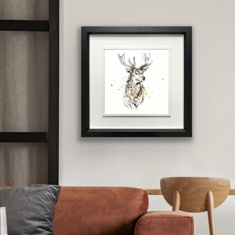 Grand Stag Print displayed in Deluxe Black Frame in Situ