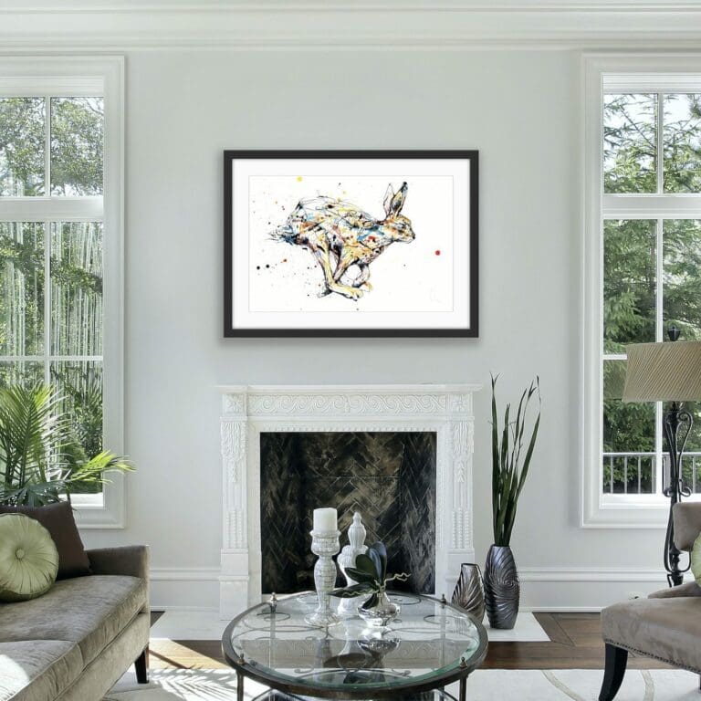 No Place Like Home Hare Print shown Framed in Situ in living room