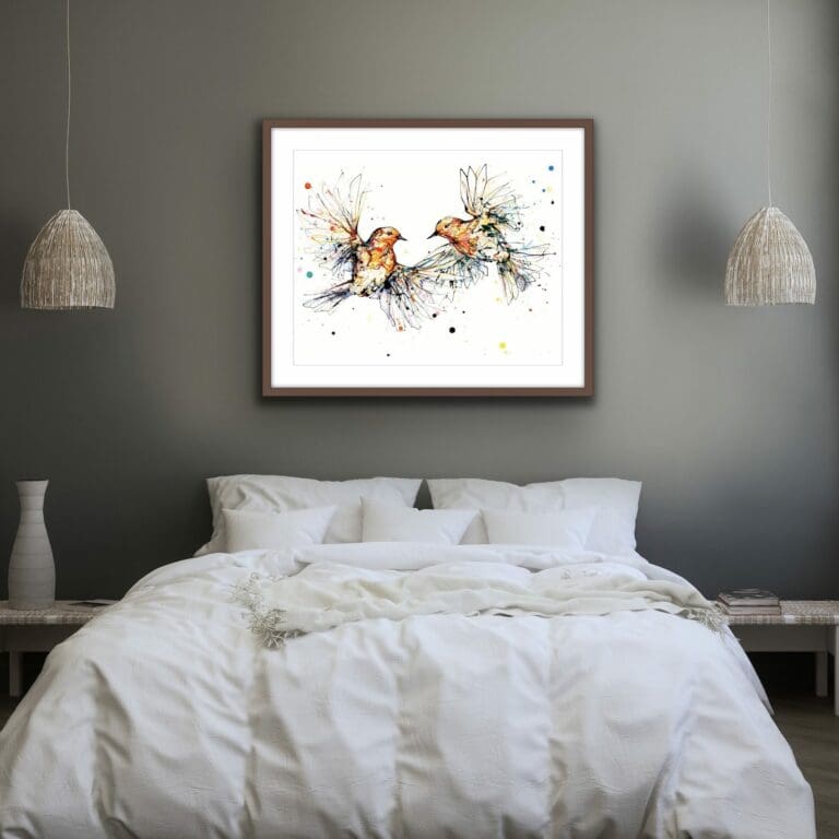 Side by Side Robins Print framed in situ above bed