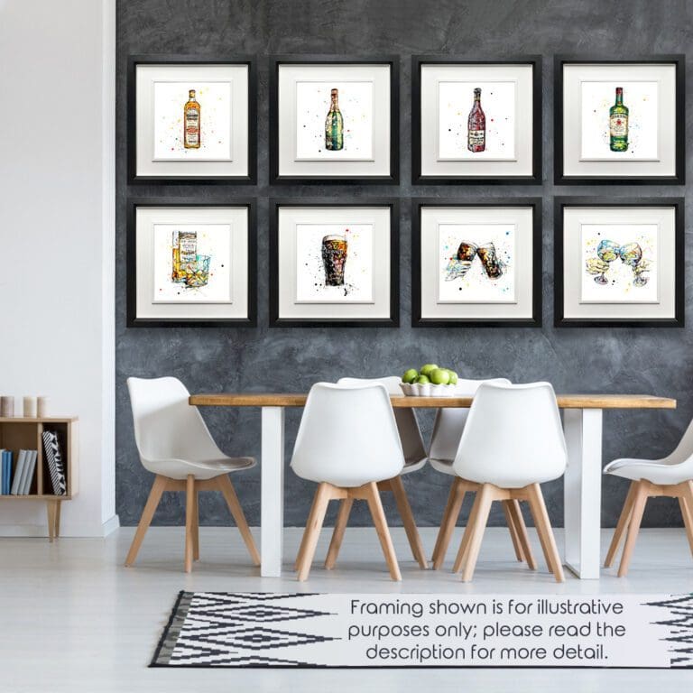 Eight prints are shown in Deluxe Black Frames in a well lit grey and white dining room. The prints are Bushmills Irish Whiskey, Belle Époque, Red, Jameson Irish Whiskey, A Wee Night Cap, The Black Stuff, Cheers, and Good Times, all by Kathryn Callaghan.