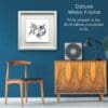 Swallows Print Belonging hung in Deluxe White Frame in Situ on blue wall alongside teak sideboard and chair
