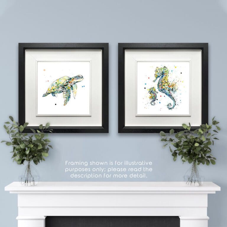 Mini Me and Tranquil square prints shown in Deluxe Black Frames in situ above a fireplace with plants. Framing shown is for illustrative purposes only; the prints in this bundle are unframed. More information in the description.