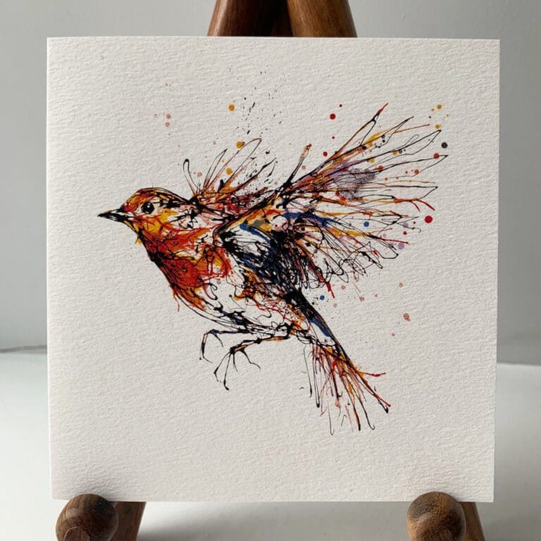 Greetings card featuring a poured painting of Airborne, a robin in flight, by Kathryn Callaghan.