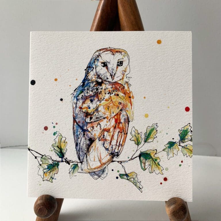 Greetings card featuring Curio, a poured painting of a barn owl perched on an oak branch, by Kathryn Callaghan.