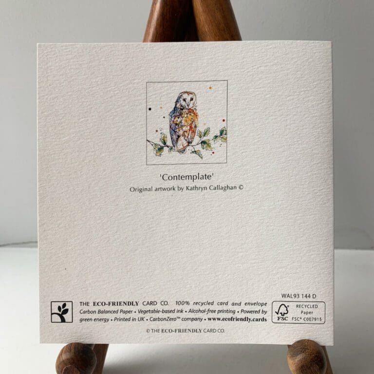 The reverse of a greetings card featuring Curio by Kathryn Callaghan, showing information on its eco credentials.