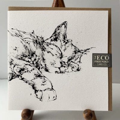 Greetings card featuring a poured painting of a sleeping cat by Kathryn Callaghan. A sticker on the card reads "The Eco Friendly Card Company".