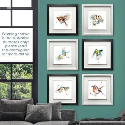 Six bird prints shown in frames in situ in a room with a teal wall, grey suite, and large window out to lush greenery. Text in front of the window reads "Framing shown is for illustrative purposes only; please read the description for more detail."