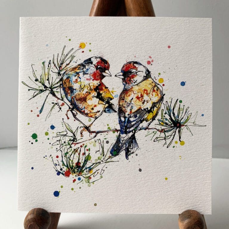 Greetings card featuring I Turn To You, a poured painting of two goldfinches on a branch by Kathryn Callaghan.