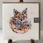 Greetings card featuring a poured painting of a fox cub by Kathryn Callaghan. A sticker on the card reads "The Eco Friendly Card Company".