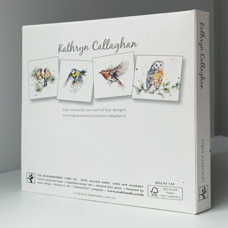 The rear cover and spine of a pack of eight greetings cards featuring bird prints by Kathryn Callaghan. The spine reads "Kathryn Callaghan, eight notecards", and the prints are shown on the rear cover: I Turn To You, featuring goldfinches, Coat of Colour, featuring a blue tit in flight, Airborne, featuring a robin in flight, and Curio, featuring a barn owl perched on a branch.