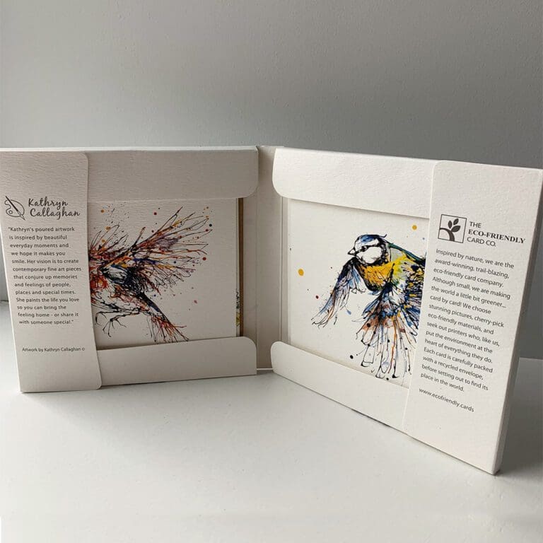 The interior of a set of eight greetings cards featuring bird designs by Kathryn Callaghan, showing that the cards are packaged in a recycled paper wallet.