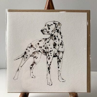 Greetings card featuring a poured painting of a dalmatian by Kathryn Callaghan. A sticker on the card reads "The Eco Friendly Card Company".