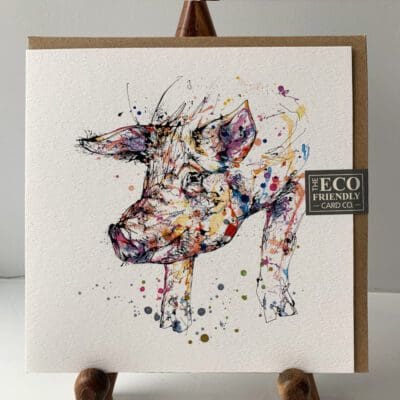 Greetings card featuring a poured painting of a pig by Kathryn Callaghan. A sticker on the card reads "The Eco Friendly Card Company".