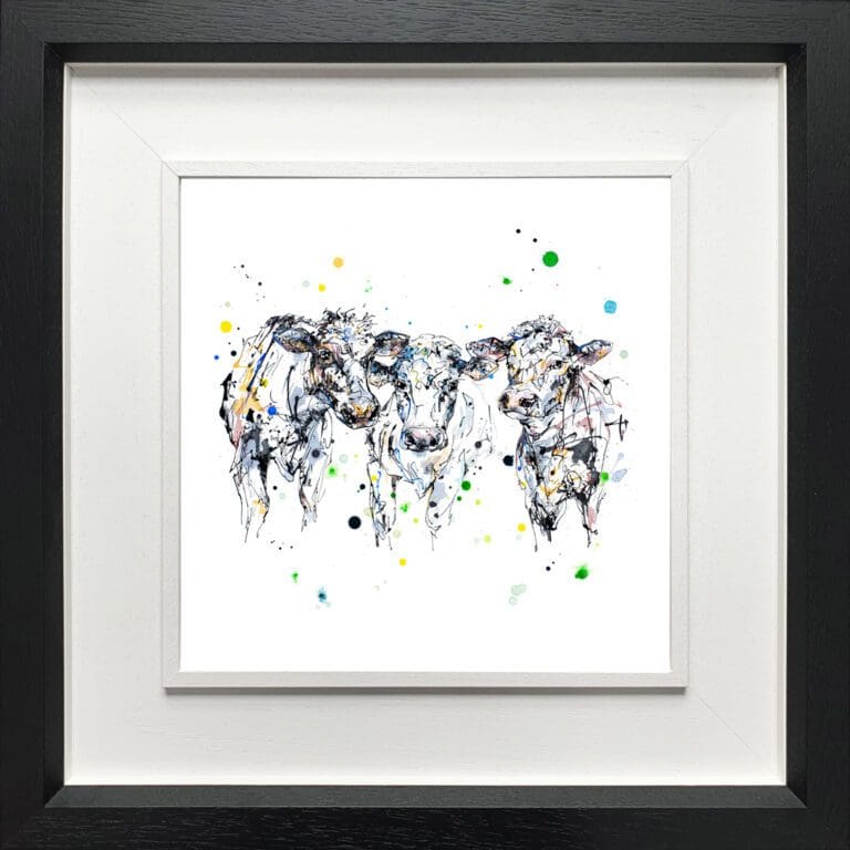 A Good Natter Cows Print shown in a Deluxe Black Frame