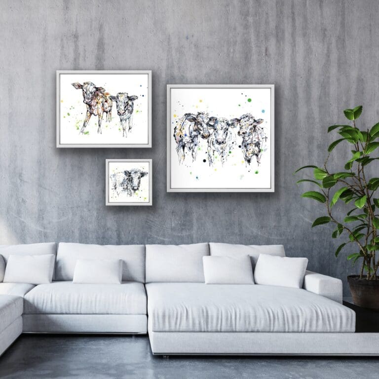 A Good Natter, Daisy & Dot, and Pastures New, all cow prints by Kathryn Callaghan, shown in white frames in situ above a white sofa.