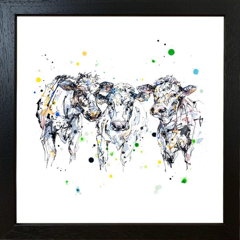 A Good Natter Cows Print shown in a Standard Black Frame