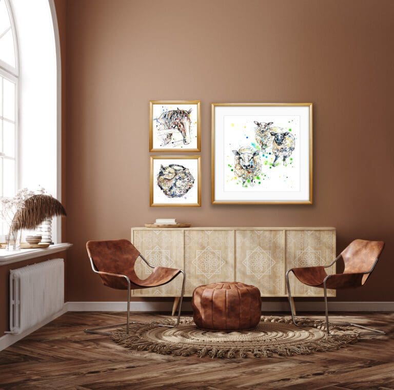 All Ears Sheep Print, Hudson Horse Print, and Catnap Cat Print shown framed in situ