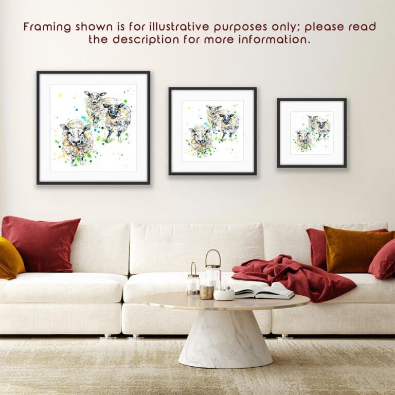 Comparison of the three sizes All Ears Sheep Print is available in, shown framed in situ