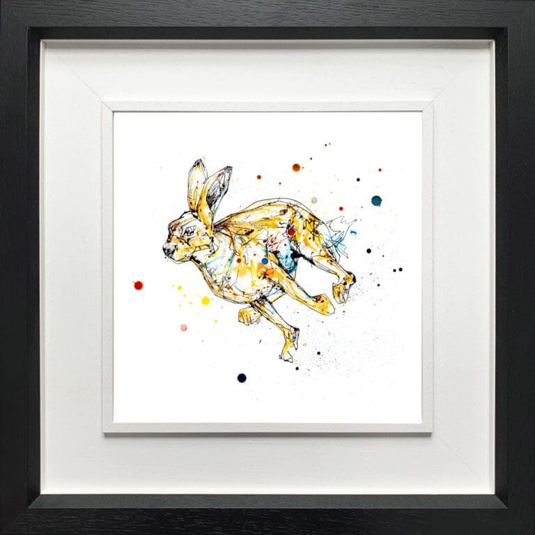 Dash running hare print by Kathryn Callaghan shown in a Deluxe Black Frame