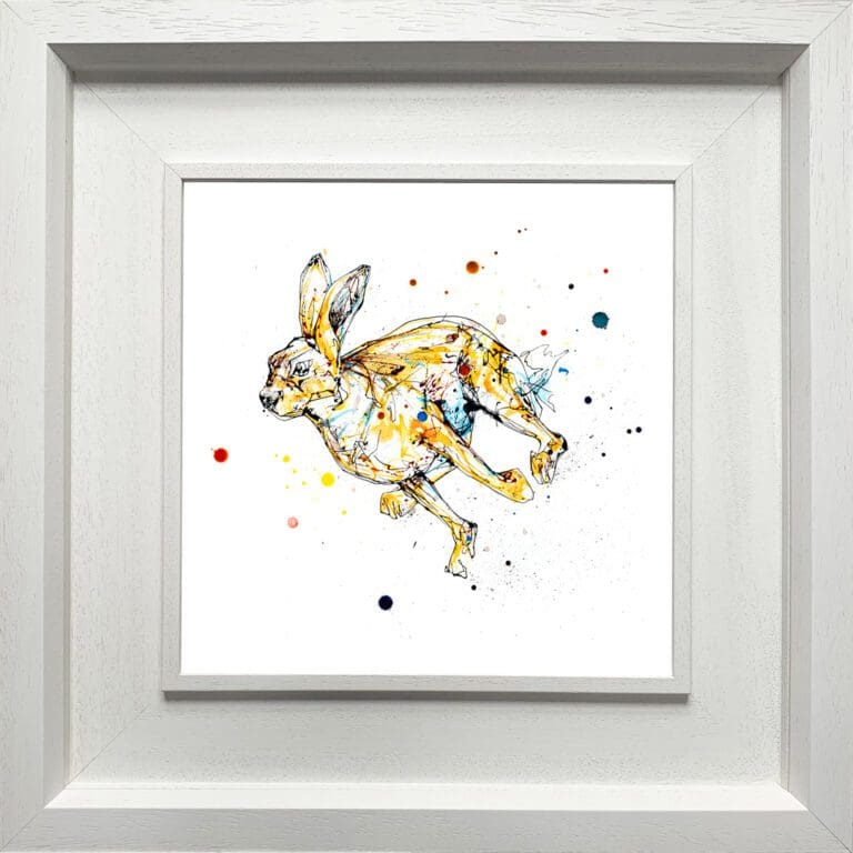 Dash running hare print by Kathryn Callaghan shown in a Deluxe White Frame