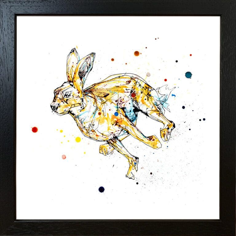 Dash running hare print by Kathryn Callaghan shown in a Standard Black Frame