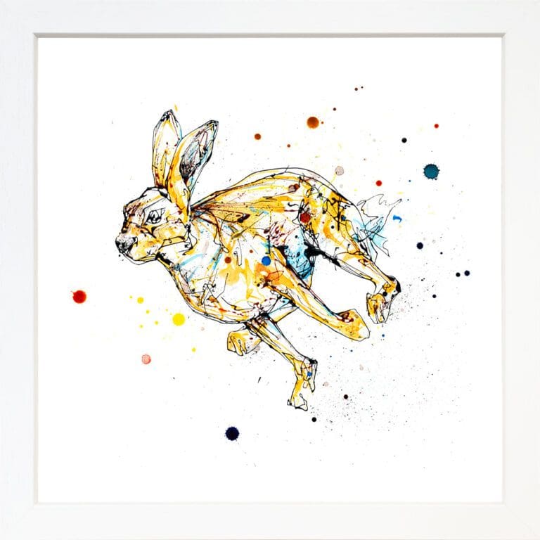 Dash running hare print by Kathryn Callaghan shown in a Standard White Frame