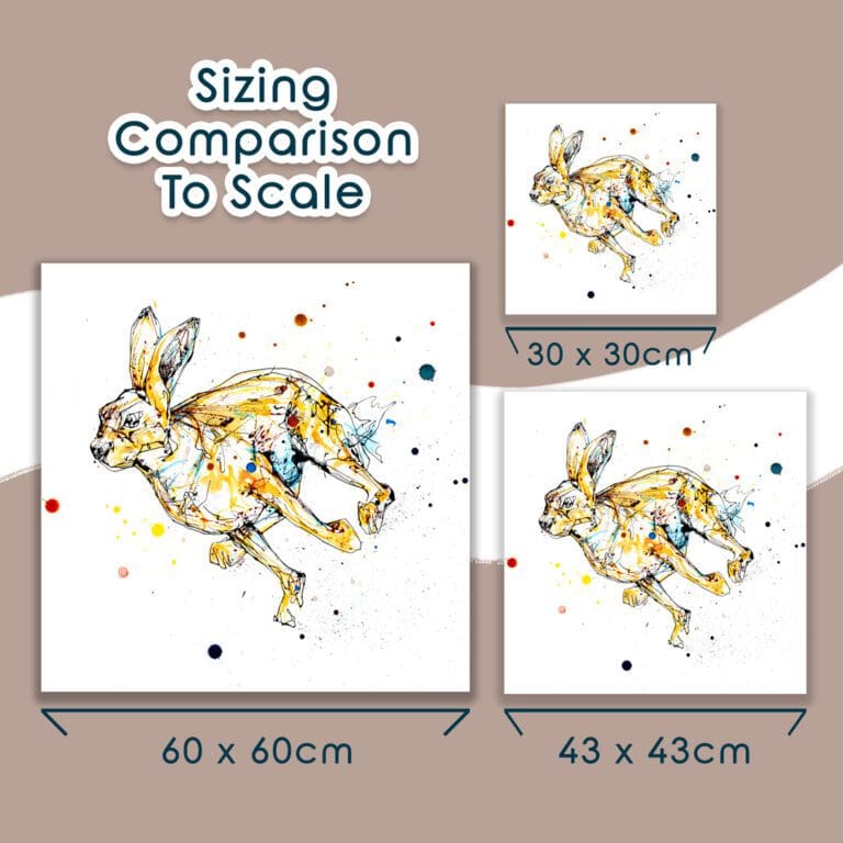 The three available sizes of Dash, a running hare print by Kathryn Callaghan, are shown in comparison to one another with their dimensions; 60x60cm, 43x43cm, and 30x30cm.