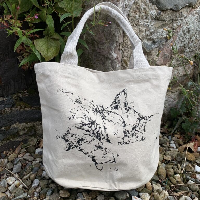 A canvas bucket tote bag featuring a paining of a sleeping cat named Dreamer by Kathryn Callaghan. The bag is sitting on gravel in front of a wall with plants growing from it.