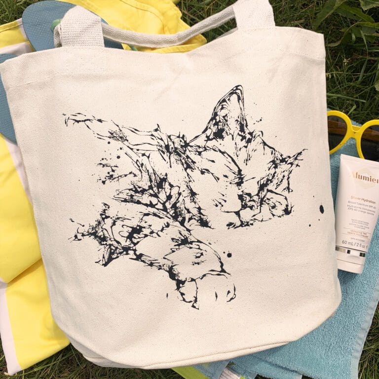 A canvas bucket tote bag featuring a paining of a sleeping cat named Dreamer by Kathryn Callaghan. The bag is sitting on blue and yellow beach towels on a sunny grassy background.