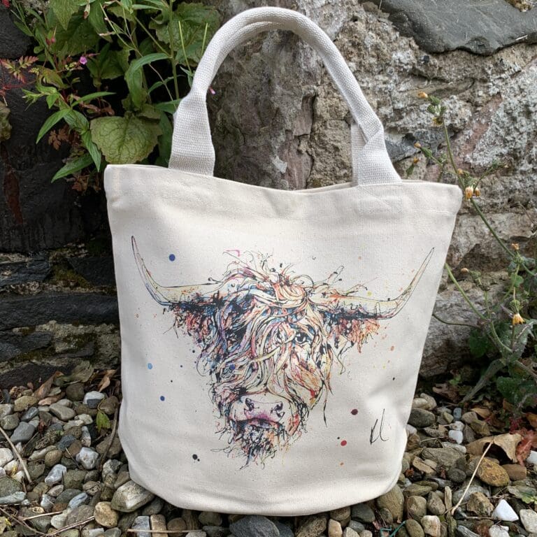 A canvas bucket tote bag featuring a paining of a highland cow named Harris by Kathryn Callaghan. The bag is sitting on gravel in front of a wall with plants growing from it.