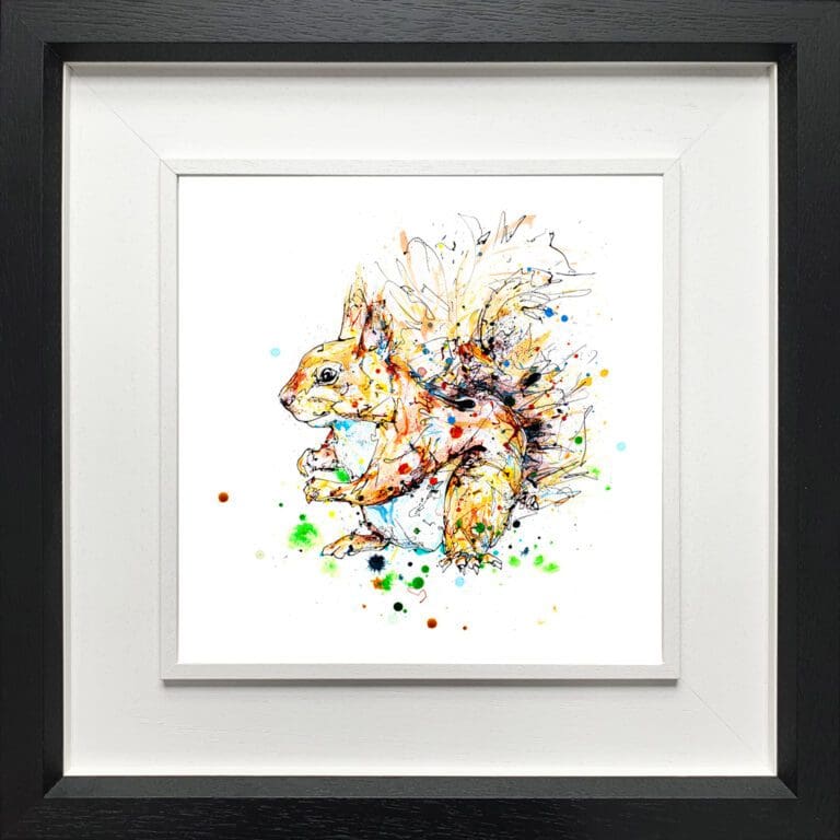 Hide and Seek Red Squirrel print by Kathryn Callaghan shown in a Deluxe Black Frame