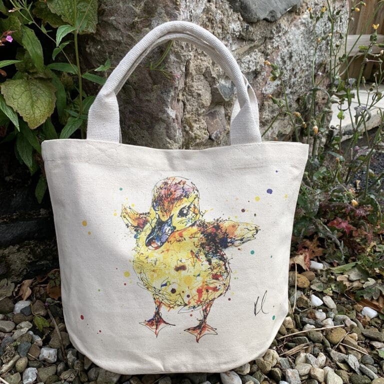 A canvas bucket tote bag featuring a paining of a duckling named Sherbet by Kathryn Callaghan. The bag is sitting on gravel in front of a wall with plants growing from it.