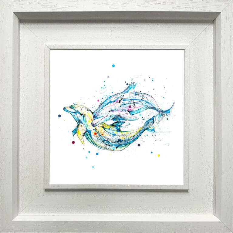 Splash swimming dolphins print by Kathryn Callaghan shown in a Deluxe White Frame