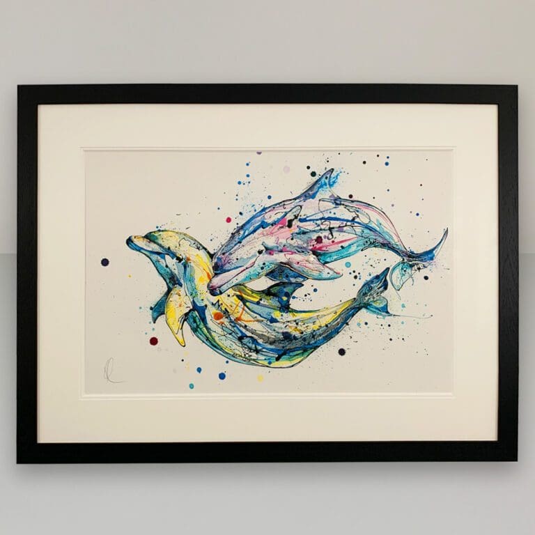 Splash Original Dolphin Painting by Kathryn Callaghan framed in a double mount and black box frame.