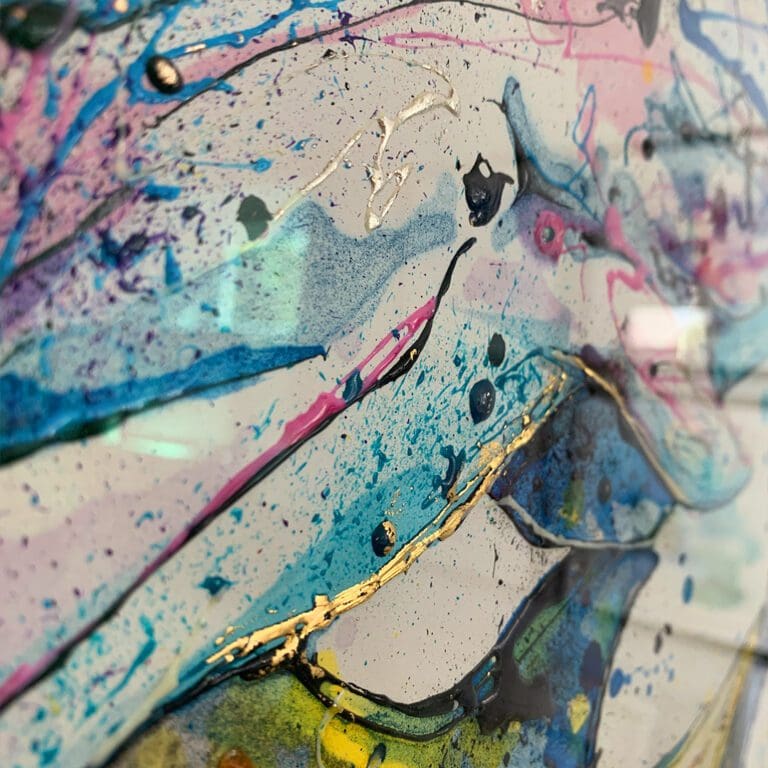 Close up showing the use of textured gel and gold leaf in Splash, an original dolphin painting by Kathryn Callaghan.