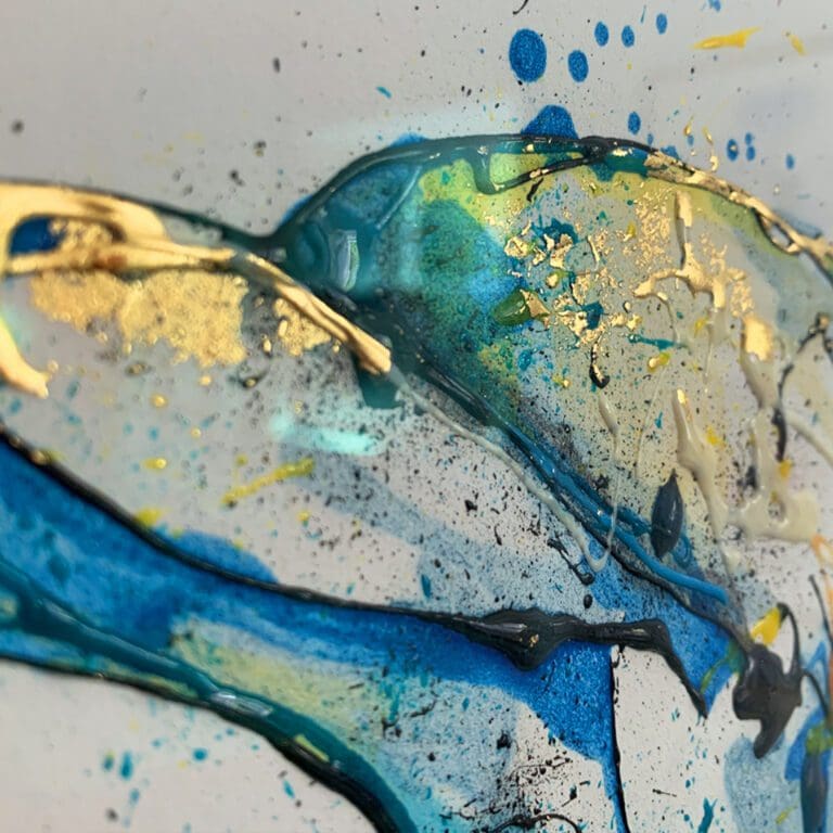 Close up showing the use of ink gel and gold leaf in Splash.