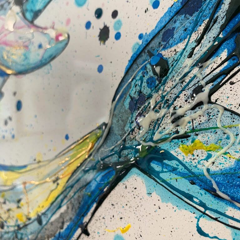 Close up showing the use of ink gel and gold leaf in Splash.