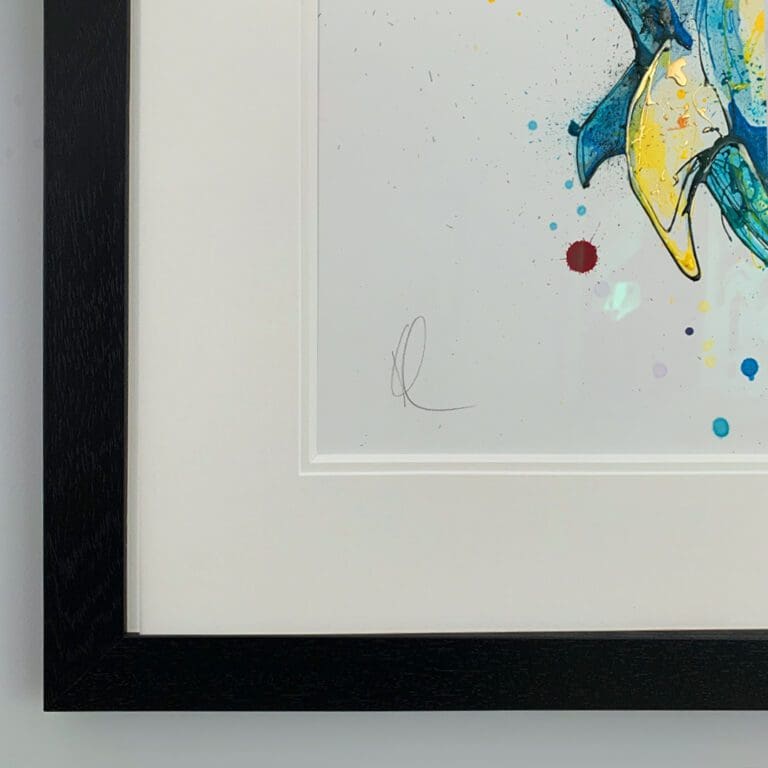 Close up showing the artist's signature, double mount, and black box frame of Splash, original dolphin painting by Kathryn Callaghan.