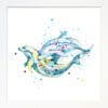 Splash swimming dolphins print by Kathryn Callaghan shown in a Standard White Frame
