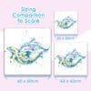 The three different sizes a print of swimming dolphins called Splash is available in, including their dimensions: 60x60cm, 43x43cm, and 30x30cm.