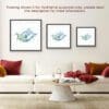 Splash, a print of a pair of dolphins by Kathryn Callaghan, is shown in its three available sizes framed in situ in a warm toned living room.