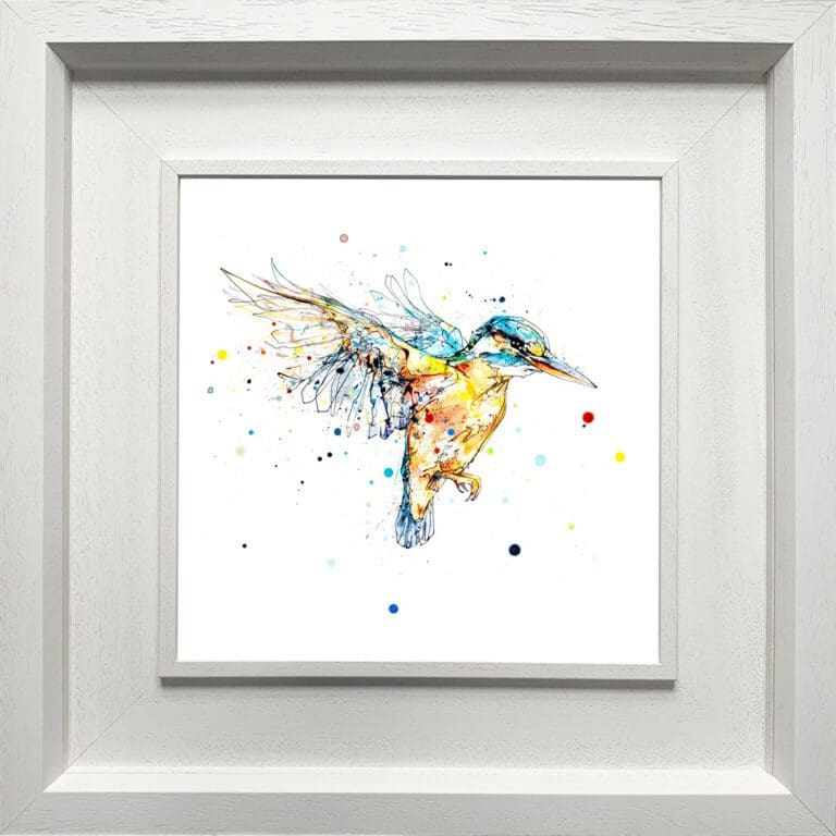 The Golden Hour kingfisher in flight print by Kathryn Callaghan shown in a Deluxe White Frame