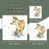 The three available sizes of Treasure Hunt, a fox print by Kathryn Callaghan, are shown in comparison to one another with their dimensions; 60x60cm, 43x43cm, and 30x30cm.