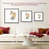 Treasure Hunt, a print of a standing fox by Kathryn Callaghan, is shown in its three available sizes framed in situ in a warm toned living room.