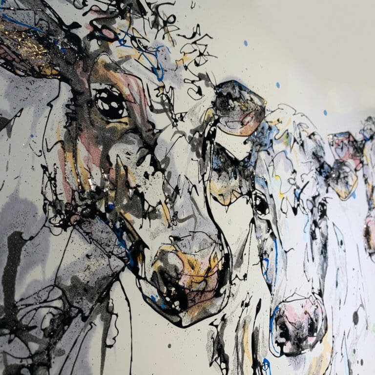 Close up of the raised texture of A Good Natter, an original cow painting by Kathryn Callaghan