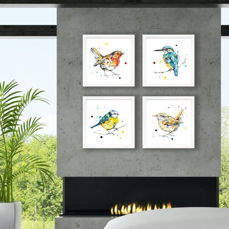 Dawn Robin, Daybreak Kingfisher, Sunlit Blue Tit, and Sunrise Wren Prints shown together in standard white frames in situ