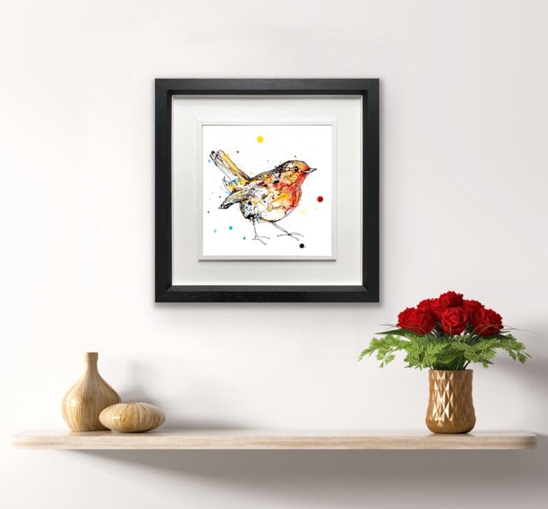 Dawn robin print shown in Deluxe Black Frame in Situ