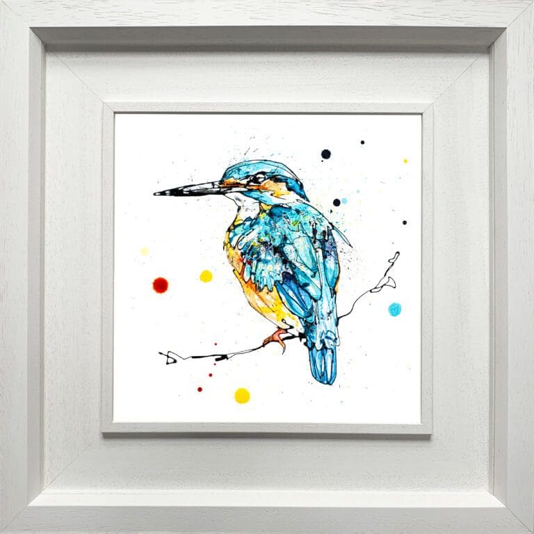 Daybreak Kingfisher print by Kathryn Callaghan shown in a deluxe white frame