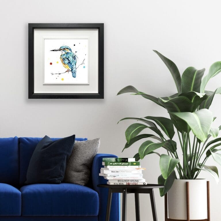 Daybreak Kingfisher print by Kathryn Callaghan shown in a deluxe black frame in situ